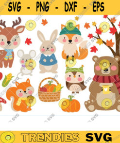 Fall Autumn Woodland Animals Clipart Deer Fox Rabbit Bear Squirrel Owl With Winter Scarves Sweater Hat Maple Leaf Tree Png Clipart