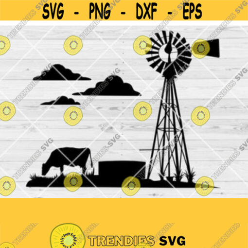 Farm Scene with Cattle and Windmill SVG File Farming Svg Farm Windmill Svg Farm Windmill Cut Files PNG dxf instant digital download