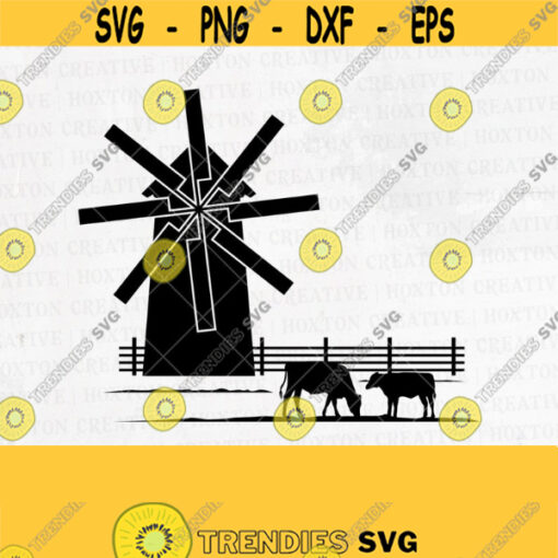Farm Scene with Cattle and Windmill Svg File Farmer Svg Windmill Svg Farming Svg Cutting FilesDesign 705