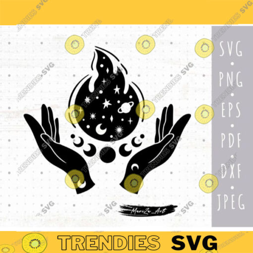 Fire and witch hands SVG Flame SVG files for cricut Celestial svg PNG clipart Witchy svg silhouette Mystical fire Moon phases svg