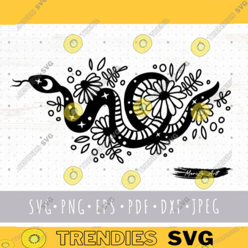 Floral snake SVG Boho snake flowers SVG files for cricut Celestial Serpent PNG clipart Witchy reptile svg Moon and stars