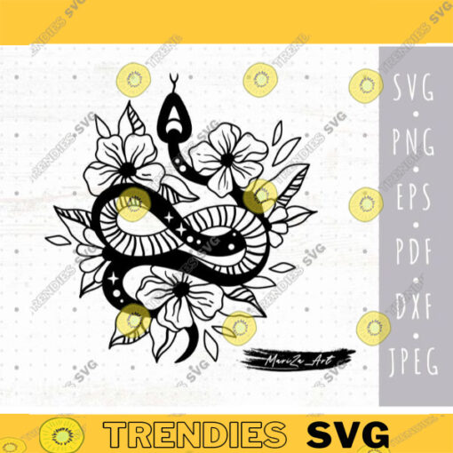 Floral snake SVG Celestial boho snake SVG cricut files Mystic Snake clipart trendy reptile sublimation Flowers svg tattoo design