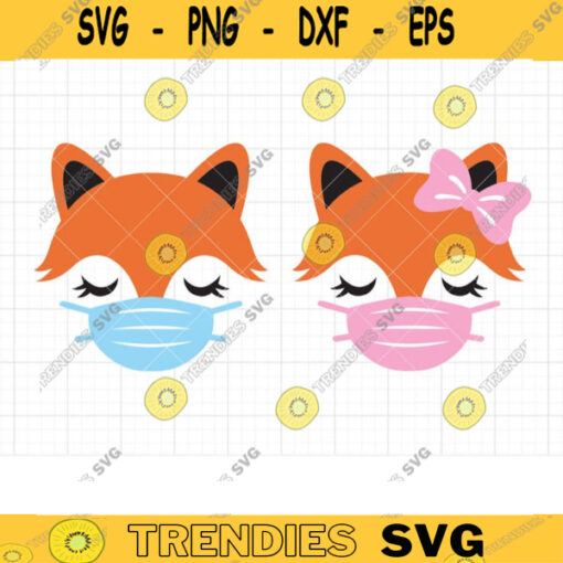 Fox Face with Mask SVG Cut Files Cute Boy and Girl Fox Wearing Face Covering Mask Svg Dxf Png Clipart for Cricut Silhouette Commercial Use copy