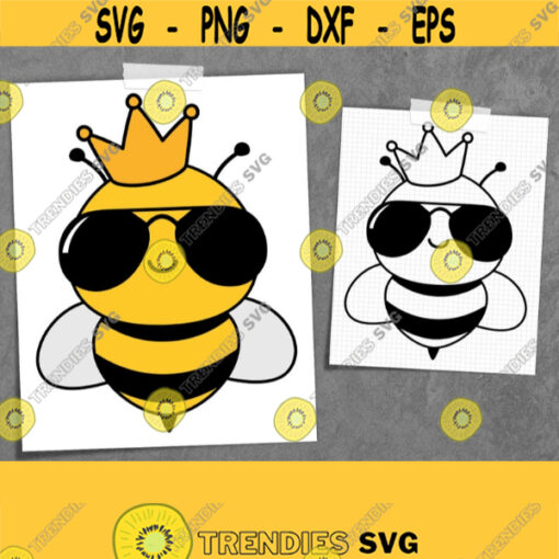 Funny Queen Bee SVG. Bee with Sunglasses Cut Files. Vector Kids Honeybee with Crown Clipart. Doodle Instant Download dxf eps png jpg pdf Design 591