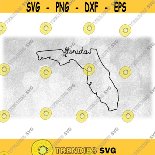 Geography Clipart Black Silhouette Outline of the State of Florida with Border Labelled in Script Style Writing Digital Download SVGPNG Design 1274