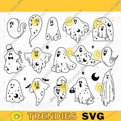 Ghost SVG bundle Halloween Funny ghost PNG clipart Spooky celestial ghost and moon outline SVG Magic ghost sublimation