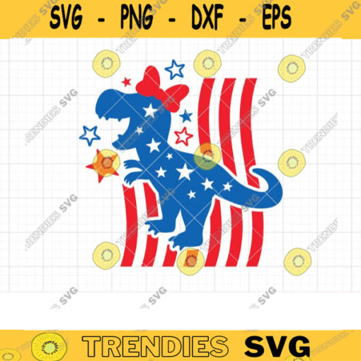 Girl 4th of July SVG Patriotic Girl Dinosaur with Bow and USA Flag United States Kid 4th of July Independence Day Svg Dxf PNG Clipart copy