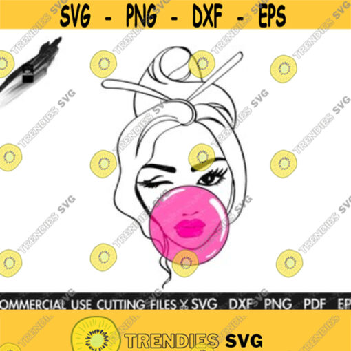 Girl Bubble Gum Silhouette SVG Messy Bun Svg Beautiful Girl Svg Cut File Silhouette Cricut Tshirt Svg Cut File Design 198