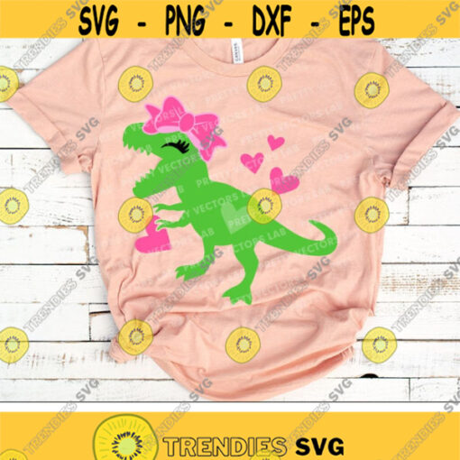 Girl Dinosaur Svg Cute Dinosaur with Bow Svg Girls Valentine T Rex Cut Files Kids Svg Dxf Eps Png Birthday Party Silhouette Cricut Design 343 .jpg