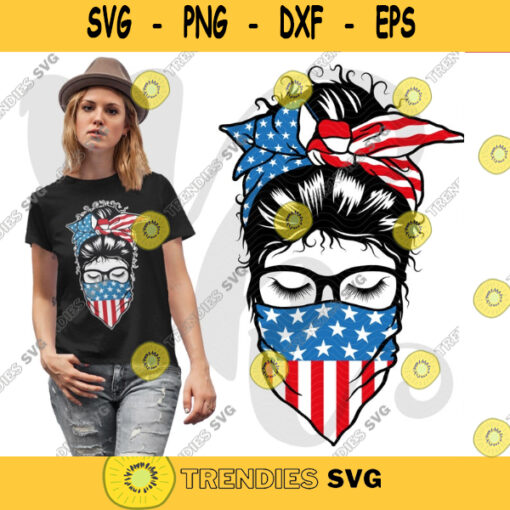 Girl Face in glasses svg Messy Bun svg file Girl Face Headband USA png Handkerchief American flag layered svg for Cricut. 649