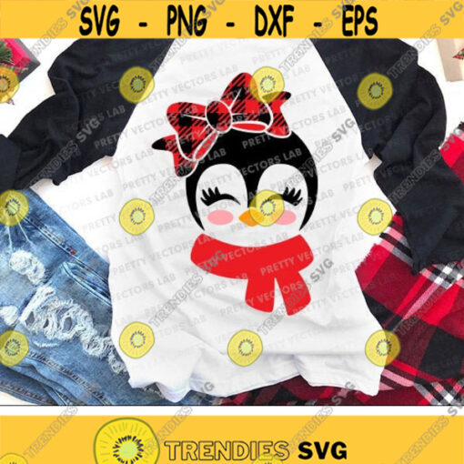 Girl Penguin with Bow Svg Cute Penguin Face Svg Dxf Eps Png Kids Cut Files Buffalo Plaid Svg Baby Holiday Clipart Silhouette Cricut Design 1331 .jpg