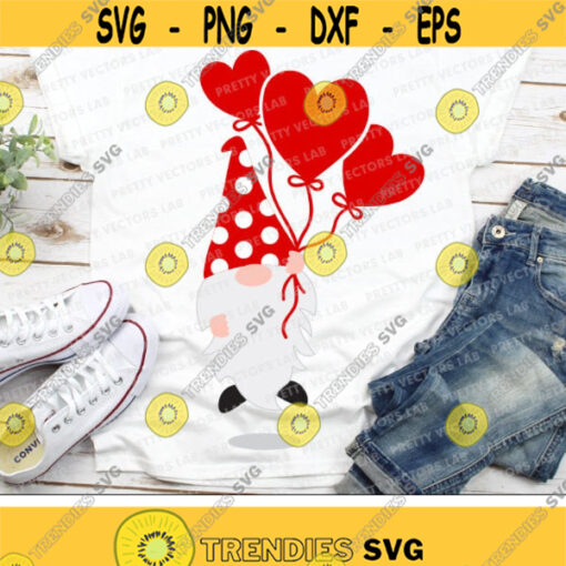 Gnome with Balloon Heart Svg Valentines Day Svg Dxf Eps Png Valentine Cut File Love Gnome Clipart Girls Shirt Design Silhouette Cricut Design 1986 .jpg