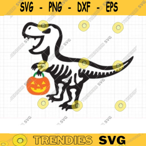 Halloween Dinosaur SVG DXF Cute Funny Halloween Trick or Treat Dinosaur Skeleton with Pumpkin Bucket svg dxf PNG Cut Files Clipart Clip Art copy