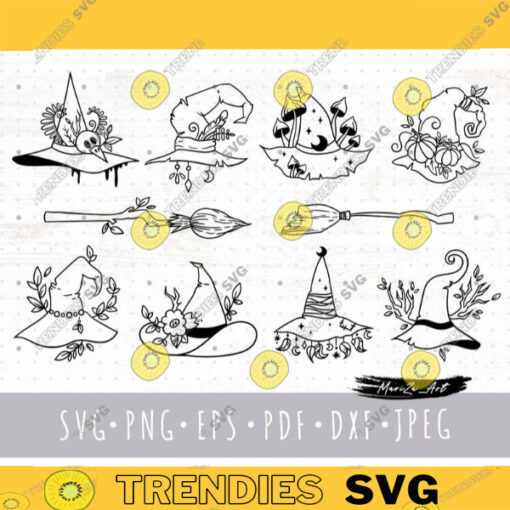 Halloween Witch hat SVG bundle Mystical witchy Hat PNG Witches broom SVG Celestial floral hat clip art wizard hat and moon Svg Fall svg