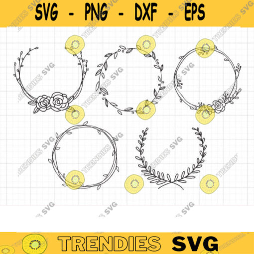 Hand Drawn Wreath SVG Spring Wreath Frame Doodle Flowers and Leaves Border Frame PNG Clipart Svg Dxf Cut Files for Cricut and Silhouette copy