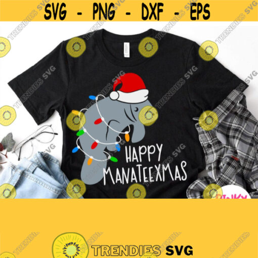 Happy Christmas Svg Manatee with Christmas Lights Santa Hat Svg Christmas Manatee Shirt Svg Silhouette Cricut File Baby Kid Boy Girl Design 544