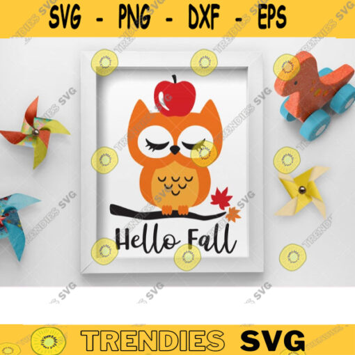 Hello Fall Owl SVG Autumn Kid Nursery Room Baby Owl with Apple and Maple Leaves Clipart Fall Home Decor Svg Dxf Cut Files for Cricut copy