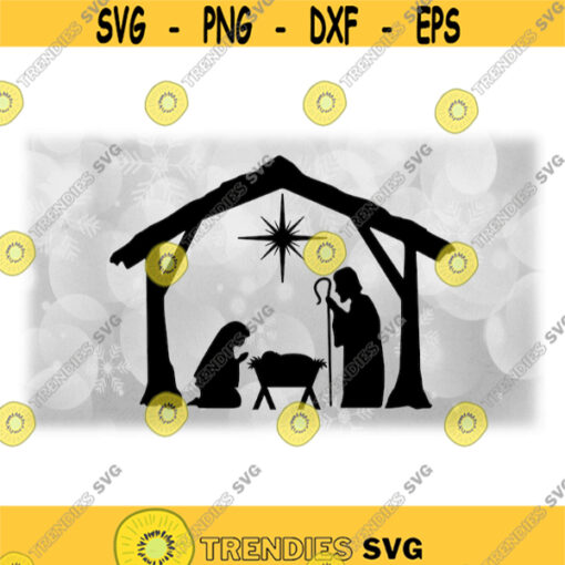 Holiday Clipart Black Silhouette of Christmas Nativity Manger Scene with Baby Jesus Mary Joseph North Star Digital Download SVG PNG Design 1239