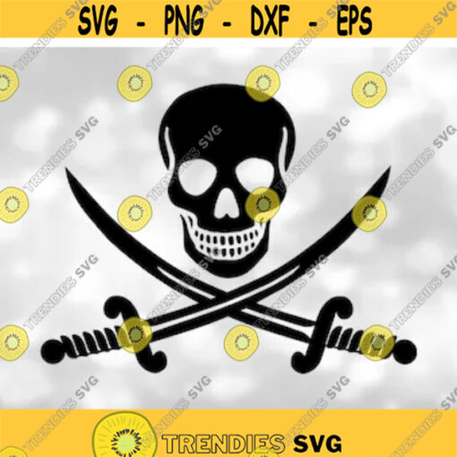 Holiday Clipart Black Skeleton Head or Human Skull Silhouette with Crossed Pirate Swords Like Jolly Roger Flag Digital Download SVG PNG Design 337