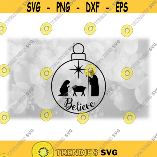 Holiday Clipart Black Tree Ornament Outline with Silhouette of Nativity Manger Scene w Jesus Mary Joseph Star Digital Download SVG PNG Design 1641