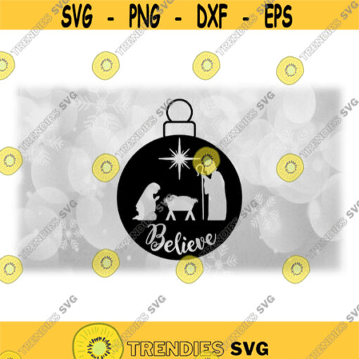 Holiday Clipart Black Tree Ornament with Cutout Silhouette of Nativity Manger Scene w Jesus Mary Joseph Star Digital Download SVG PNG Design 1642