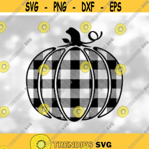 Holiday Clipart Fall or Halloween Pumpkin Silhouette with Leaf and Stem in Black Clear Buffalo Plaid Pattern Digital Download SVG PNG Design 381