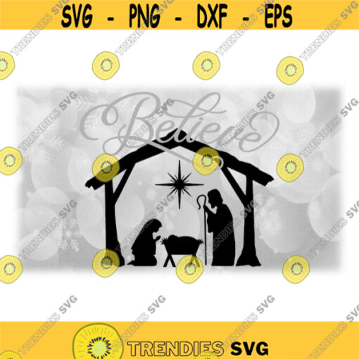 Holiday Clipart Gray Word Believe Overlay on Black Silhouette of Christmas Nativity Manger Scene with Jesus Digital Download SVG PNG Design 1238