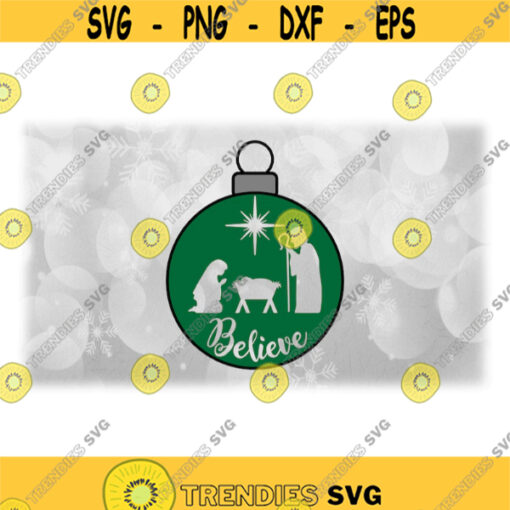 Holiday Clipart Green Tree Ornament with Cutout Silhouette of Nativity Manger Scene w Jesus Mary Joseph Star Digital Download SVG PNG Design 1639