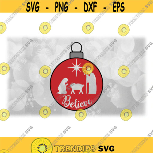 Holiday Clipart Red Tree Ornament with Cutout Silhouette of Nativity Manger Scene w Jesus Mary Joseph Star Digital Download SVG PNG Design 1640