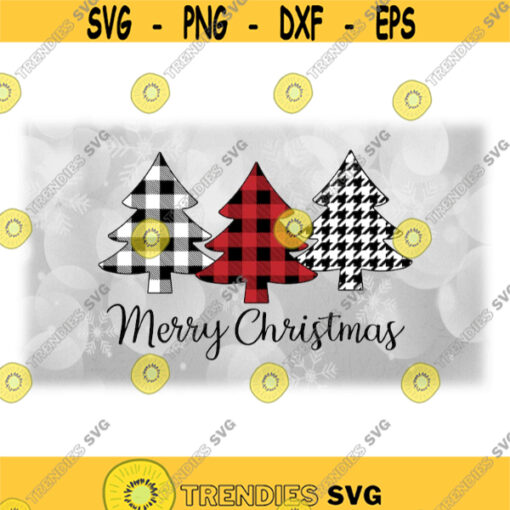 Holiday Clipart Script Words Merry Christmas with 3 Trees Patterns RedWhiteBlack Buffalo Plaid Houndstooth Digital Download SVGPNG Design 1714