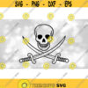Holiday Clipart Skeleton Head Human Skull Silhouette w Crossed Pirate Swords Black Outline Jolly Roger Flag Digital Download SVGPNG Design 734