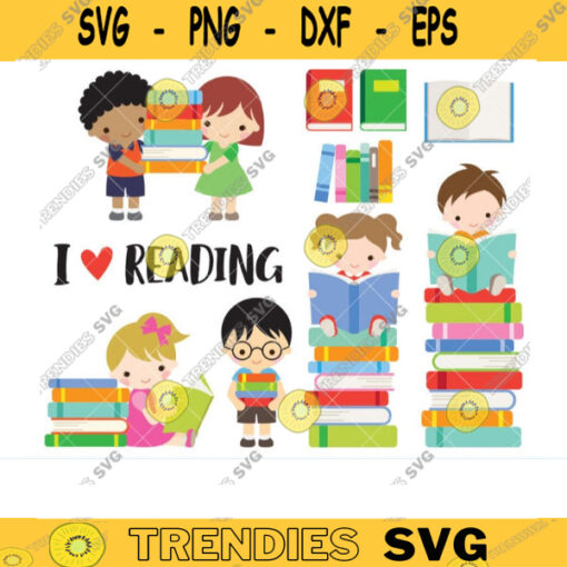 Kids Reading Books Clipart Boy and Girl Reading Books School Library Children with Books Book Stack School Kids Clipart Clip Art Set copy