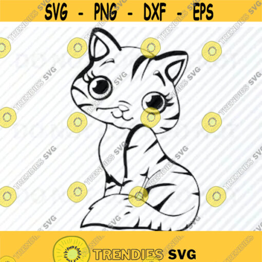Kitten SVG Black White Cartoon Cat Vector Images Baby Tiger Clip Art SVG Files For Cricut Eps Png dxf Stencil ClipArt Silhouette Design 15