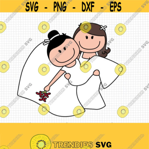 Lesbian Wedding Stick Figure SVG. Two Brides Cut File. Female Couple Bridal Ornament PNG. Doodle Same Sex Wedding Vector File Women Marriage Design 529