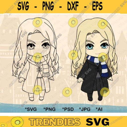 Little Blonde Witch with Scarf SVG Printable Blonde Girl Color Cut File Cute Wizard Vector Art Chibi Girl Outline PNG