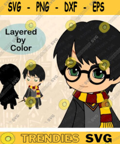 Little Harry with Scarf SVG Harry with Wand Cut File Cute Wizard Vector Art Chibi Harry Color PNG