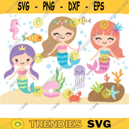 Little Mermaid Set Clipart Clip Art Cute Mermaid Under the Sea Water with Friends Mermaid Life Illustration PNG Clipart Clip Art copy