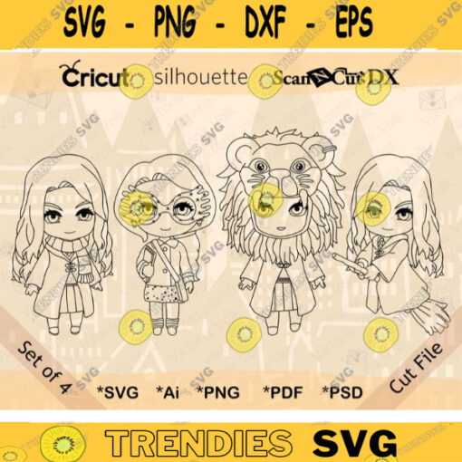 Little Witch Bundle SVG Outlines Witch Line Art Cut File Cute Witch Vector Art PNG Chibi Witch Pack of 4 Glasses Lion Mascot Clipart