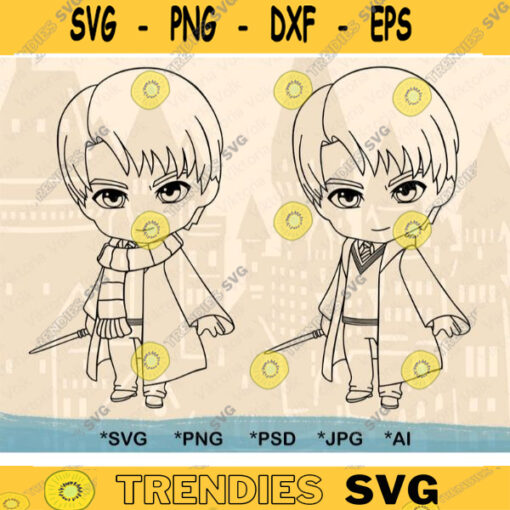 Little Wizard with Scarf SVG Outline Blonde Wizard Boy with Wand Cut File Cute Wizard Vector Art Chibi Cartoon Wizard Color PNG