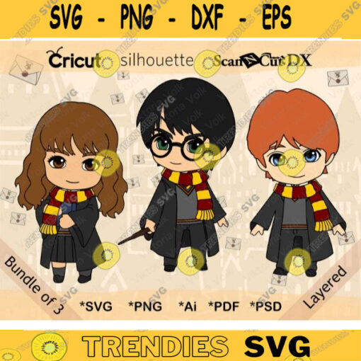 Little Wizards Chibi Clipart Bundle svg ai png psd pdf Cute Anime Wizards with Scarves and Wands Cut File Layered by Color