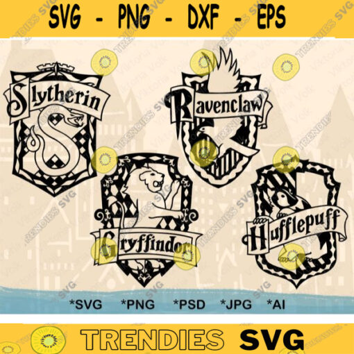 Low Detail 4 Black Vector Hogwards House Crest Silhouette svg Cut Files Clip Art Vector Gryffindor Slytherin Ravenclaw Hufflepuff