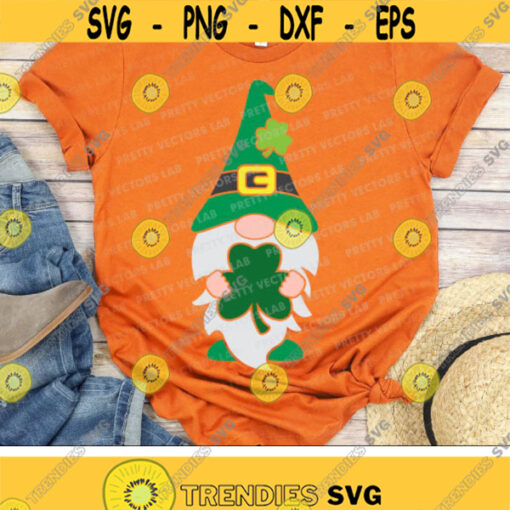 Lucky Gnome Svg St Patricks Day Svg Dxf Eps Png Gnome Holding Shamrock Svg Irish Clipart Clover Svg Kids Cut Files Silhouette Cricut Design 2187 .jpg