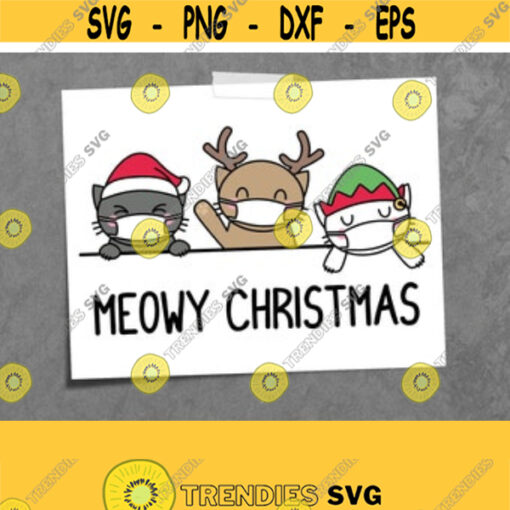 Meowy Christmas SVG. Cat with Mask Kitten in Santa hat Vector Files Cutting Machine Silhouette. Quarantine Christmas png dxf eps jpg pdf Design 109