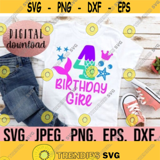 Mermaid 4th Birthday SVG Under The Sea Fourth Birthday Shirt SVG Digital Download Four Birthday Girl Design Cricut Cut File PNG Design 485