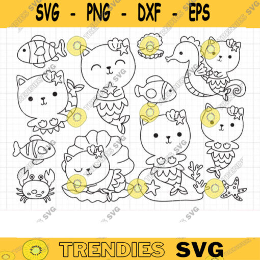Mermaid Cat Outline Coloring SVG Mermaid and Fishes Line Art PNG Clipart Digital Stamp Mermaid Coloring Clipart Kid Coloring Svg Dxf Png copy