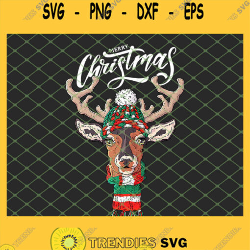 Merry Christmas Deer Wearing A Hat And Scarf SVG PNG DXF EPS Cricut 1
