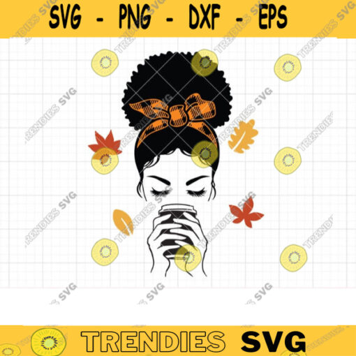 Messy Afro Bun Svg Afro bun with Pumpkin Spice latte coffee Afro Woman Drink Svg Afro Bun Bow Svg Sublimation Png Cut File Clipart copy