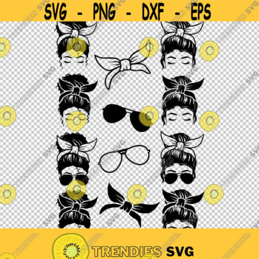 Messy Bun Sunglasses Glasses Bow Head Wrap Bandana Collection SVG PNG EPS File For Cricut Silhouette Cut Files Vector Digital File