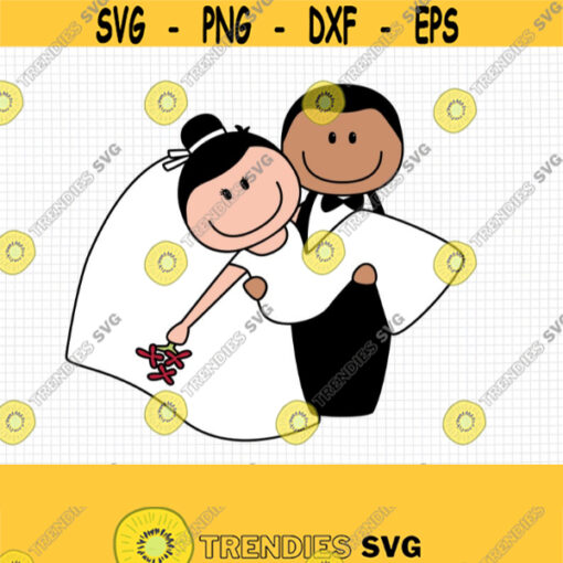Mix Couple Wedding Stick Figure SVG. Bride and Groom Cut Files. Doodle Mixed Race Bridal Ornament PNG. Vector Files DXF for Cutting Machine Design 596