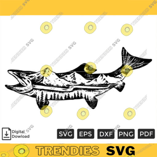 Mountain Trout Forest Night SVG PNG Fishing SVG Custom File Printable File for Cricut Silhouette